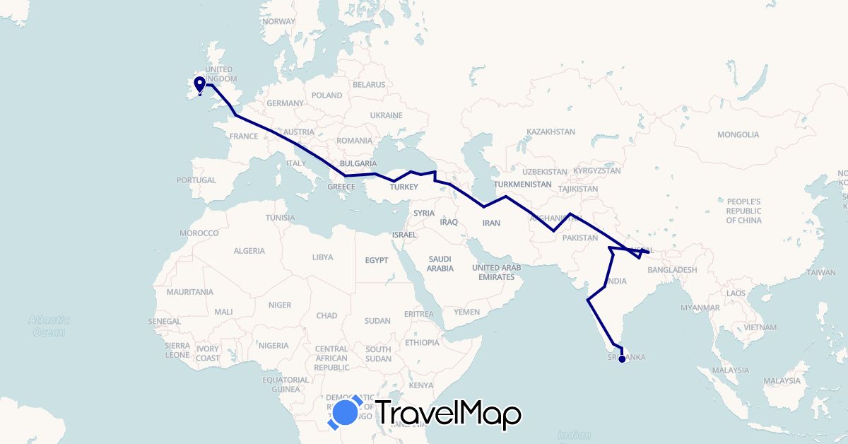 TravelMap itinerary: driving in Afghanistan, France, United Kingdom, Greece, Ireland, India, Iran, Sri Lanka, Nepal, Turkey (Asia, Europe)